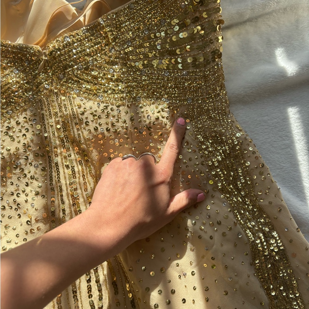 Basix Black Label Gold Sequin beaded embellished silk stone Strapless mini Dress - Picture 15 of 17